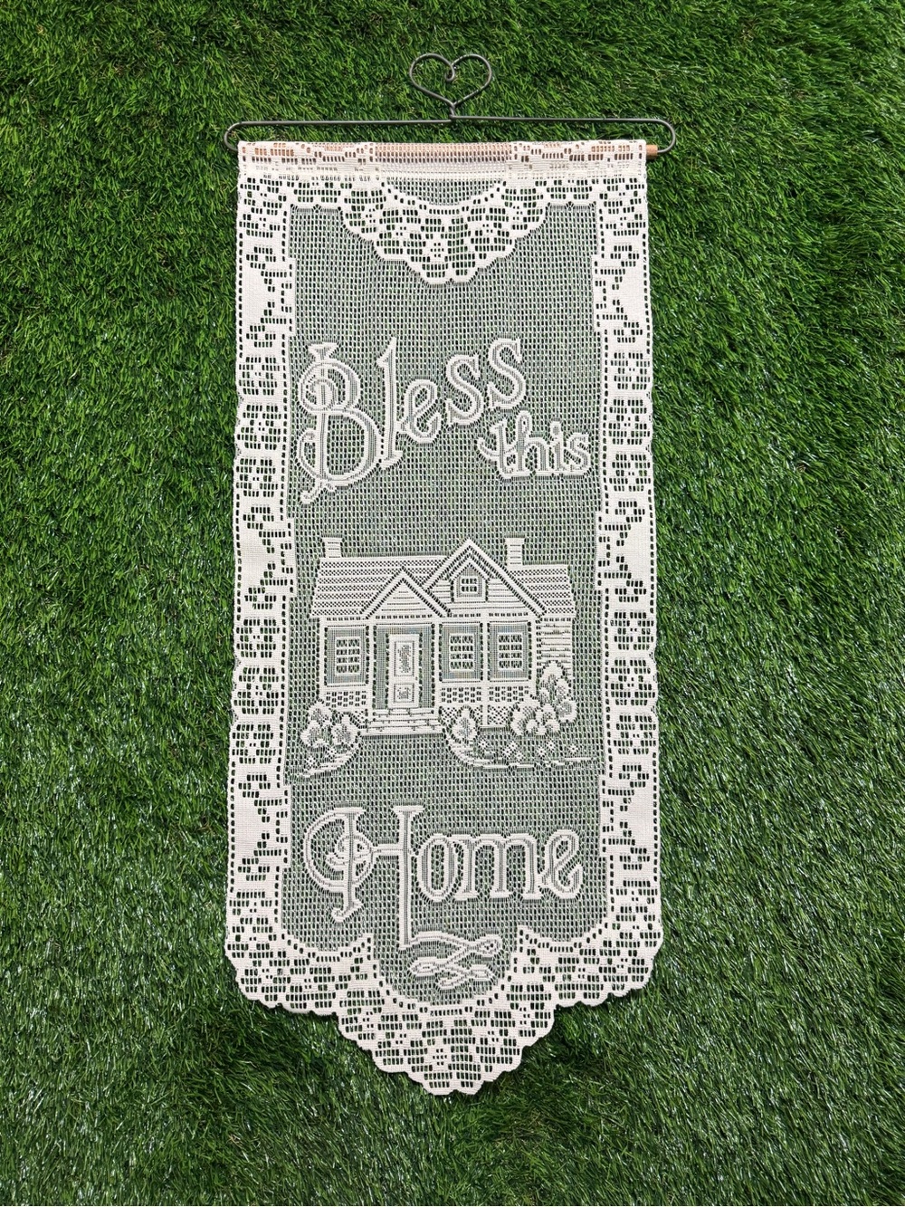 Heritage Lace Bless This Home Wall Hanging Curtain Panel w Metal Heart Hanger